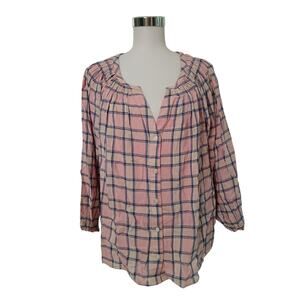 GAP Plaid Gathered Blouse Puff Sleeve Pink Blue White Button Front Top Large